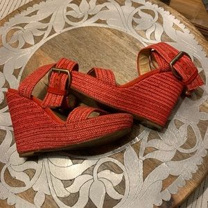 EUC Stuart Weitzman  Buckle Wedge Ankle Cross Strap Espadrille Sz 8